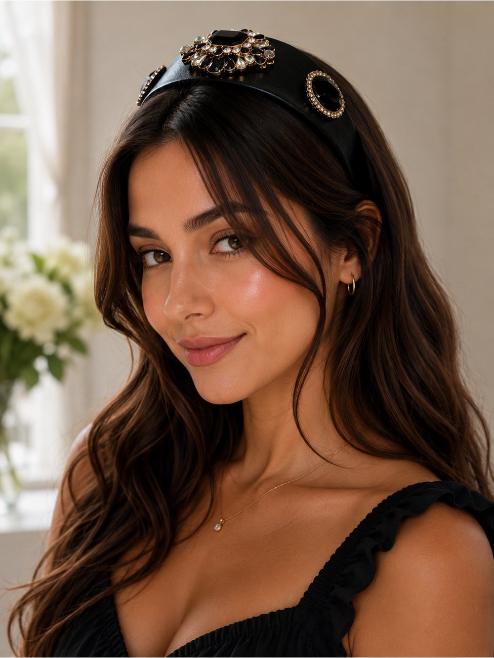 Embellished Black Satin Headband with Jewel Accents